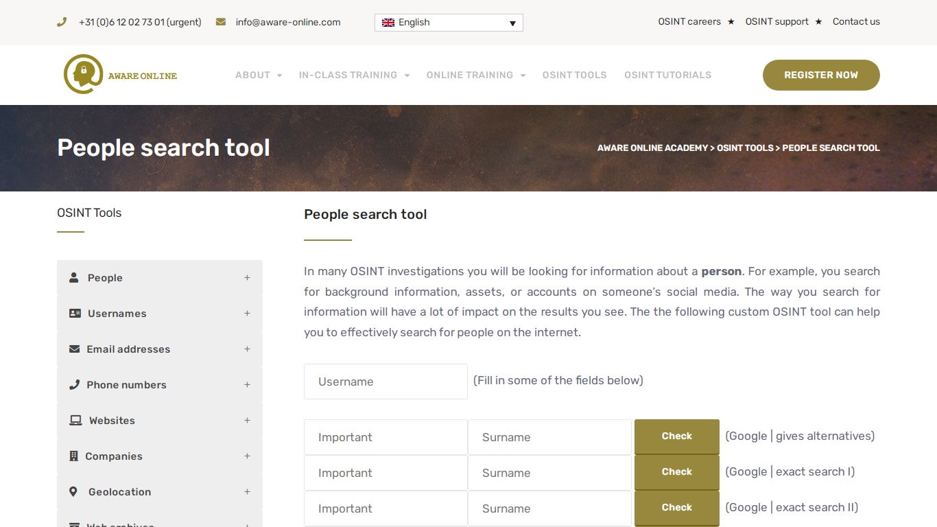 People search tool - Aware Online Academy